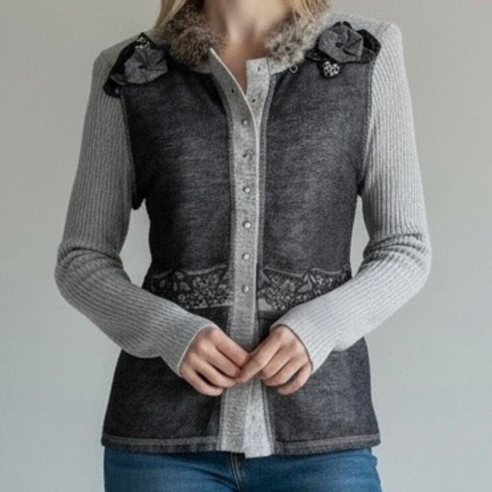 Y2K Fur Trim Applique Ribbed Knit Wool Blend Cardigan Women's 42 It Small Gray